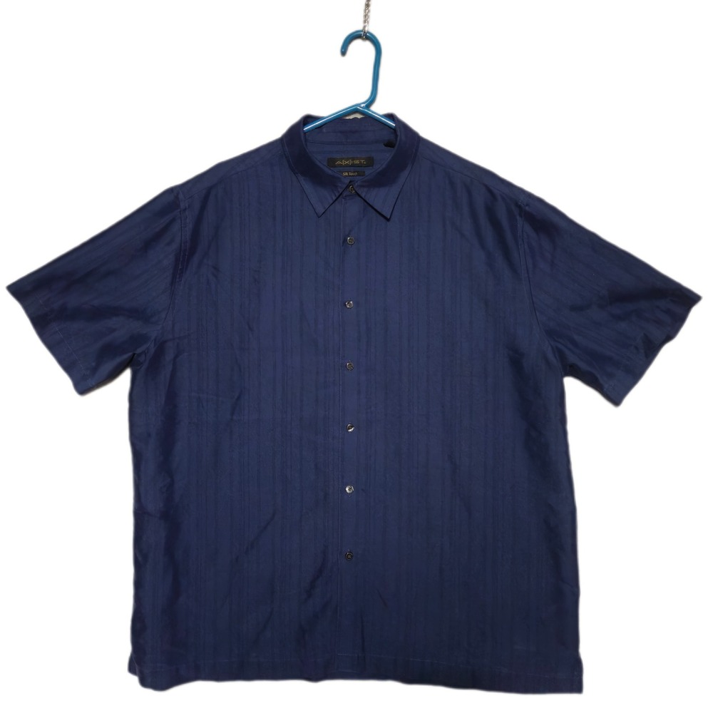 AXIST Button Down Shirt Mens XXL Navy Blue Silk Touch Short Sleeve Stripe